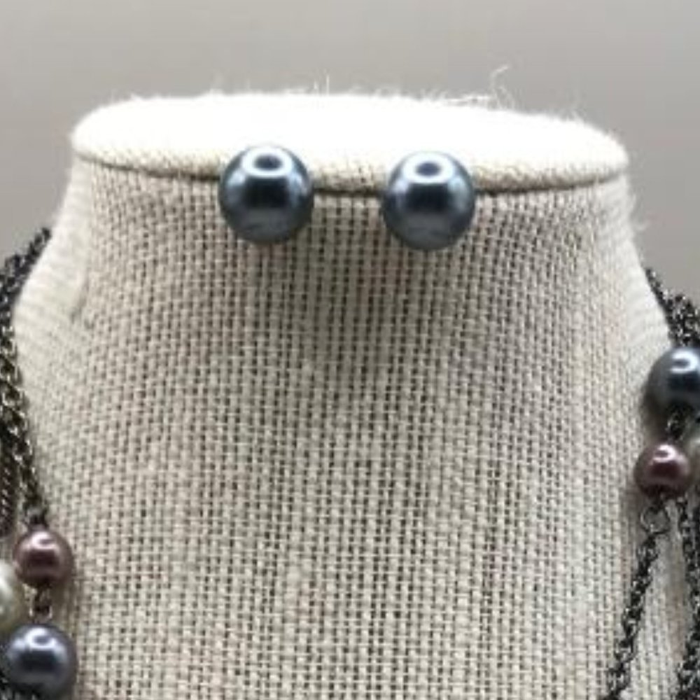 Multi Strand Faux Pearl Chain Link Necklace & Earrings - Picture 2 of 7